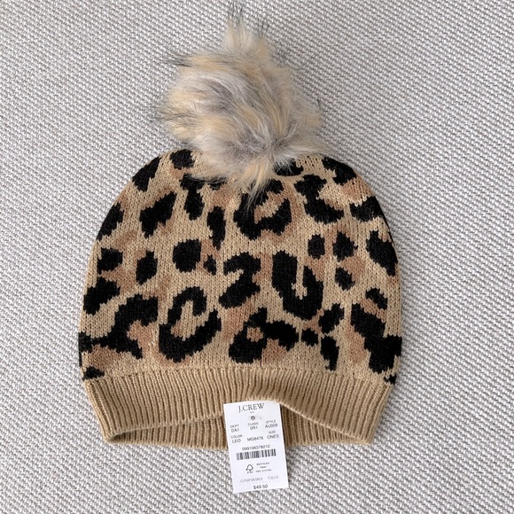 NWT J. Crew Leopard Print Beanie +Faux Fur Pom